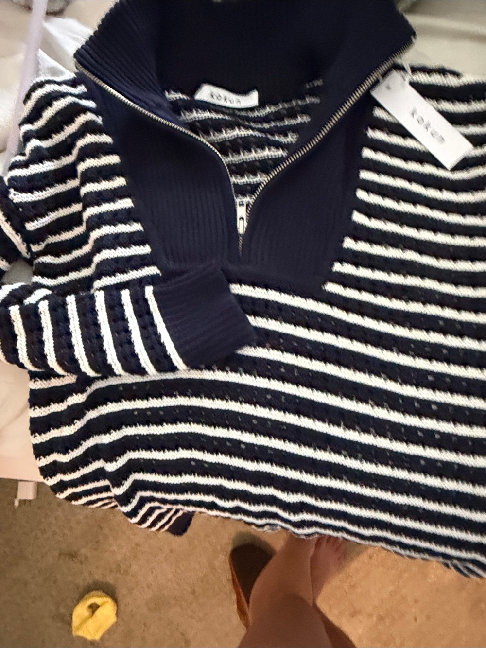 Striped Half-Zip Turtleneck Sweater in Navy and White by Kori